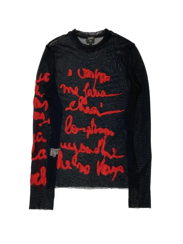 Script Embroidered Mesh Top