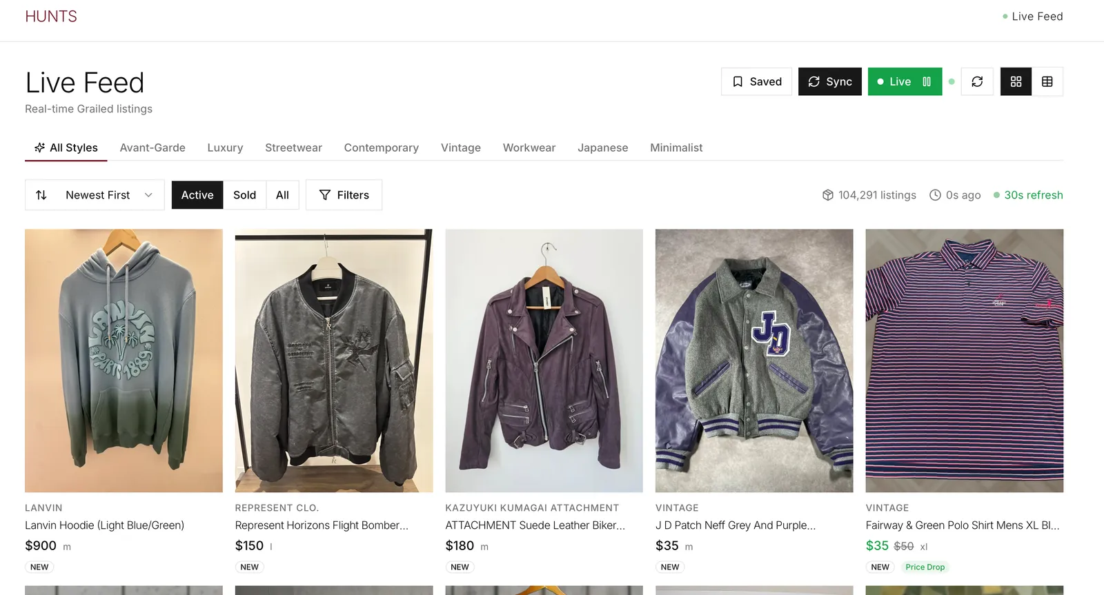 Hunts live feed showing menswear listings with style filters