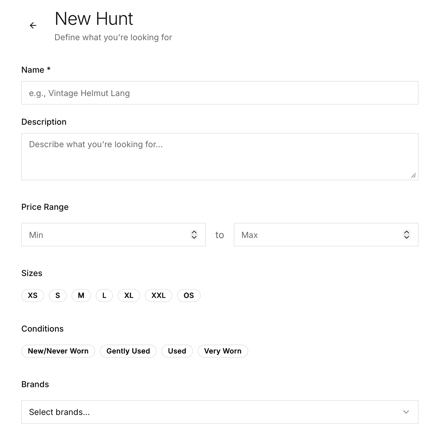 Hunt creation form with filters for price, size, condition, and brands